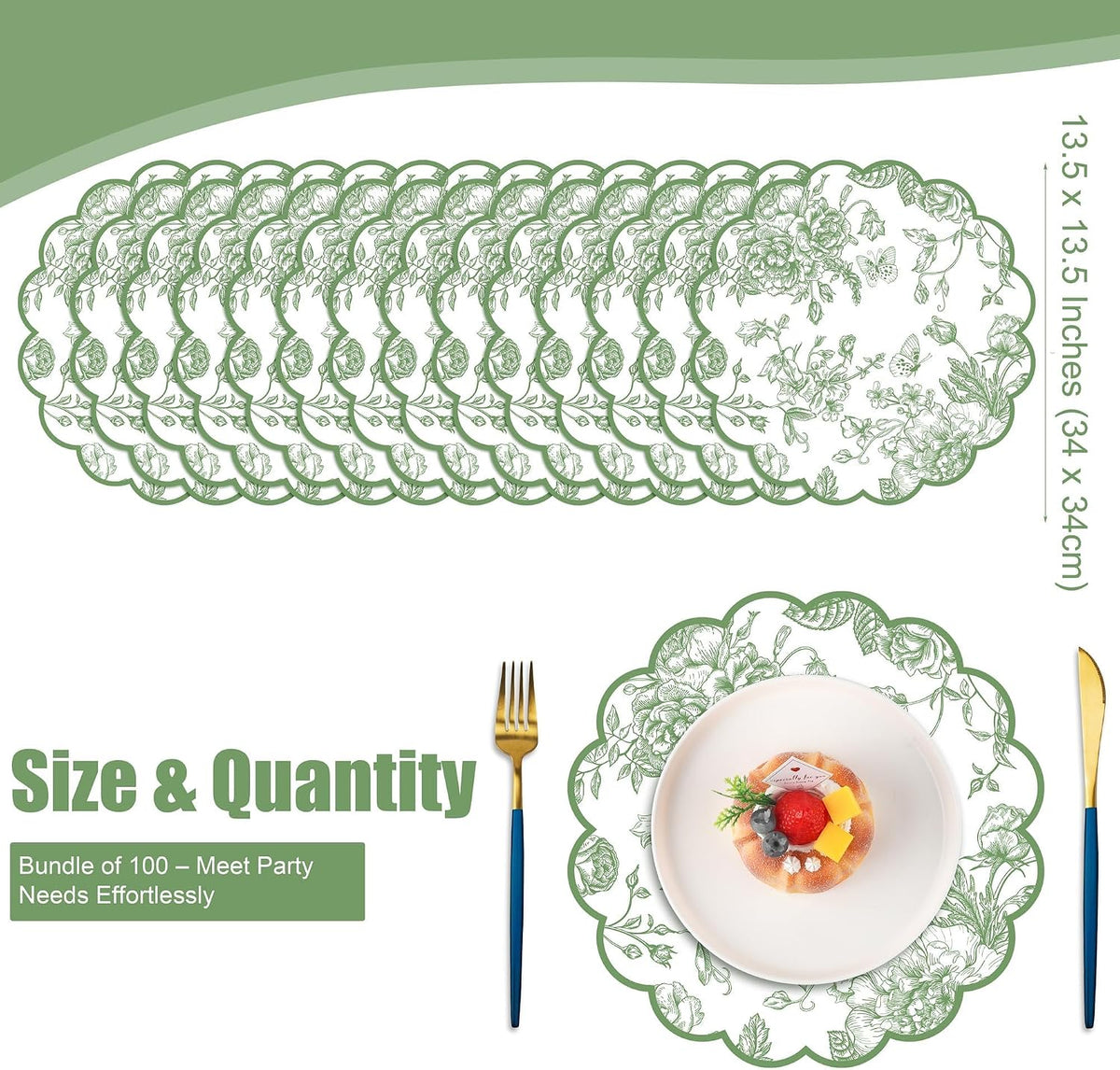 Kochorie Green Floral Paper Placemats 100 Pack, Disposable Scalloped Table Mats, Green Vintage Flower Paper Place Mat, 13.5 x 13.5 Inch for Weddings Bridal Showers Party Décor