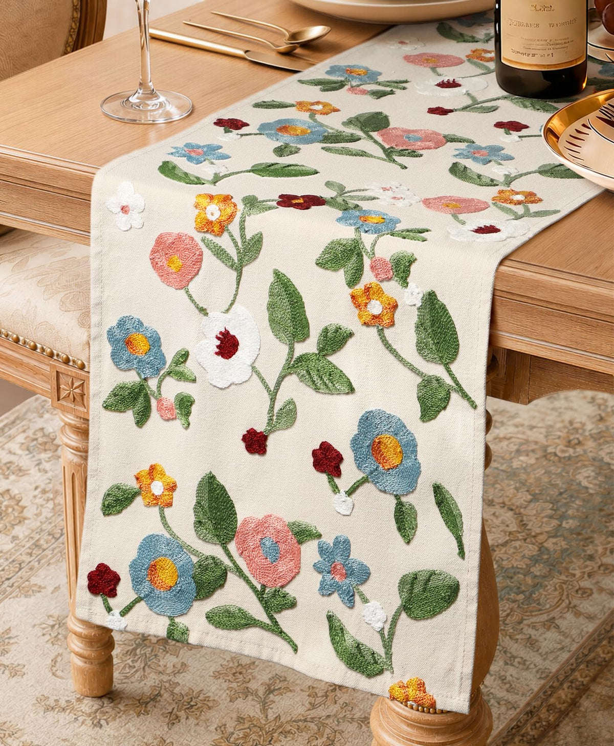 Miss Adola Embroidered Canvas Table Runner 13"x72", Wild Flower