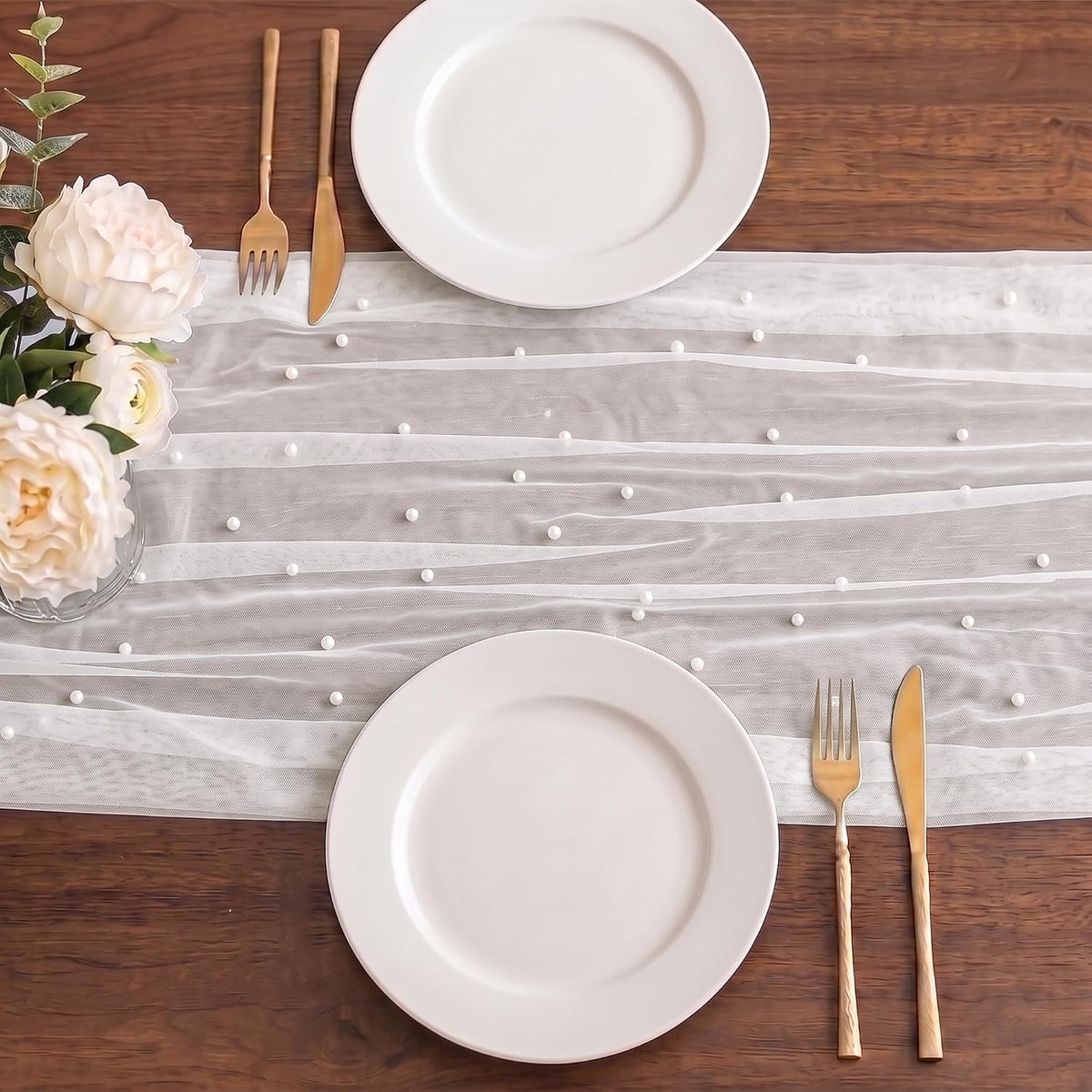 WELTRXE Pearl Table Runner 120 Inch 10FT, White Gauze Table Runners, Rustic Boho for Holiday Wedding Decor, Home Party ,Baby Shower, Birthday Party