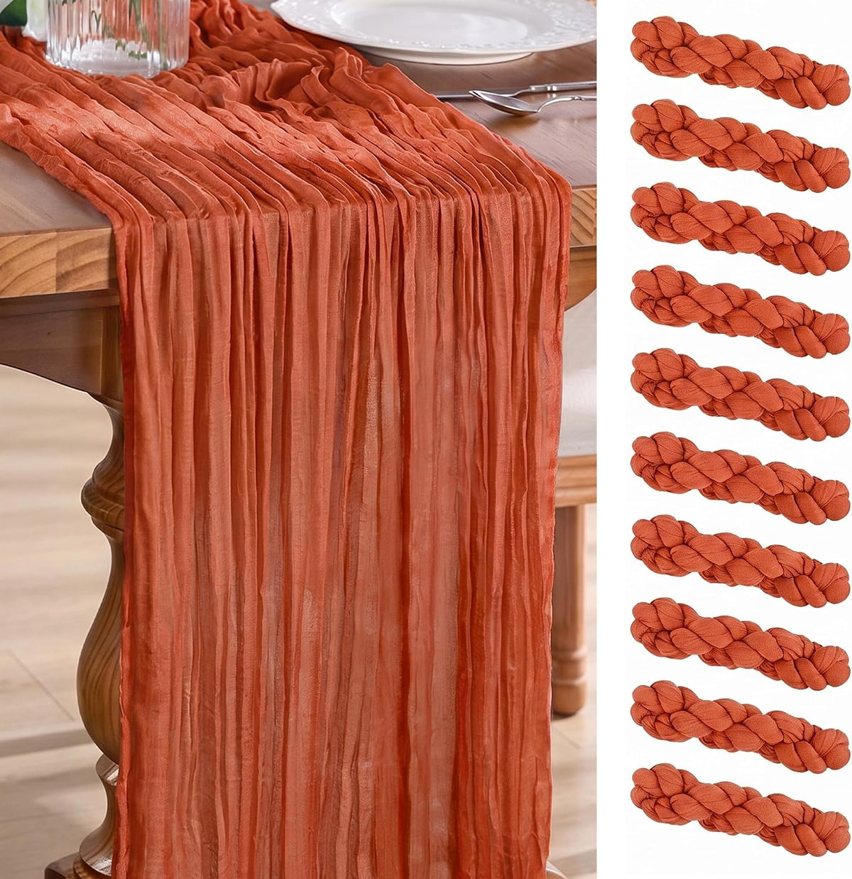 Goodluck Fall Table Runner, 10 Pack 10FT Terracotta Cheesecloth Table Runner 35x120 Inch Burnt Orange Boho Gauze Table Runner for Thanksgiving Autumn Fall Wedding Baby Shower Home KitchenTable Decor