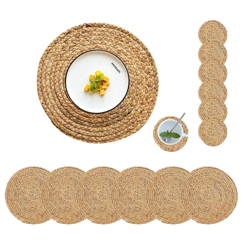 Woven Placemats Round Placemats Set of 6, 13.5 Inch Wicker Placemat Circle Rattan Placemats Farmhouse Boho Braided Natural Water Hyacinth Place Mats for Indoor & Outdoor Table Decor