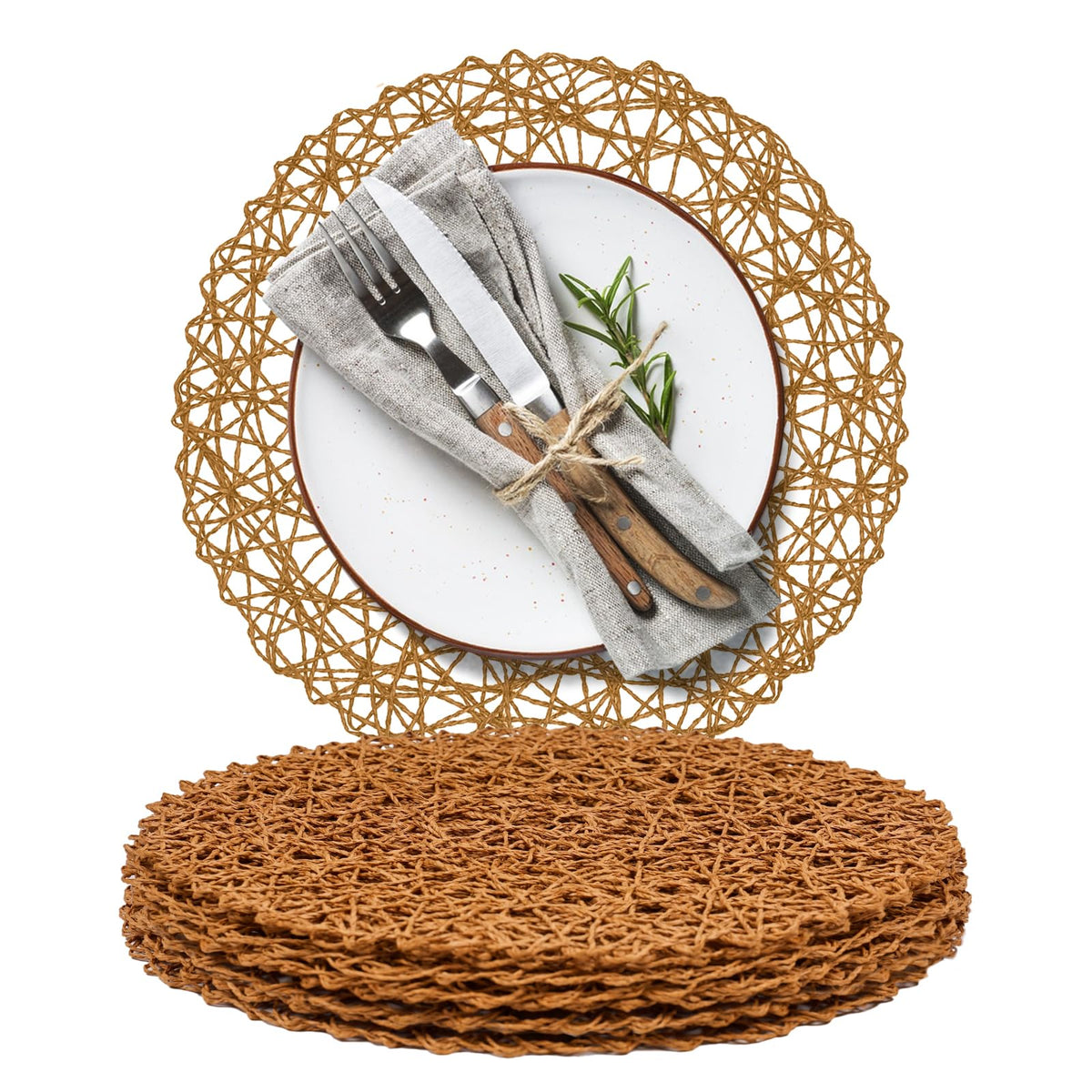 AHHFSMEI Paper Braided Round Placemats Set of 12 Natural Non-Slip Heat Resistant Table Mats for Dining Tables Woven Indoor & Outdoor Place mats(Brown,12)