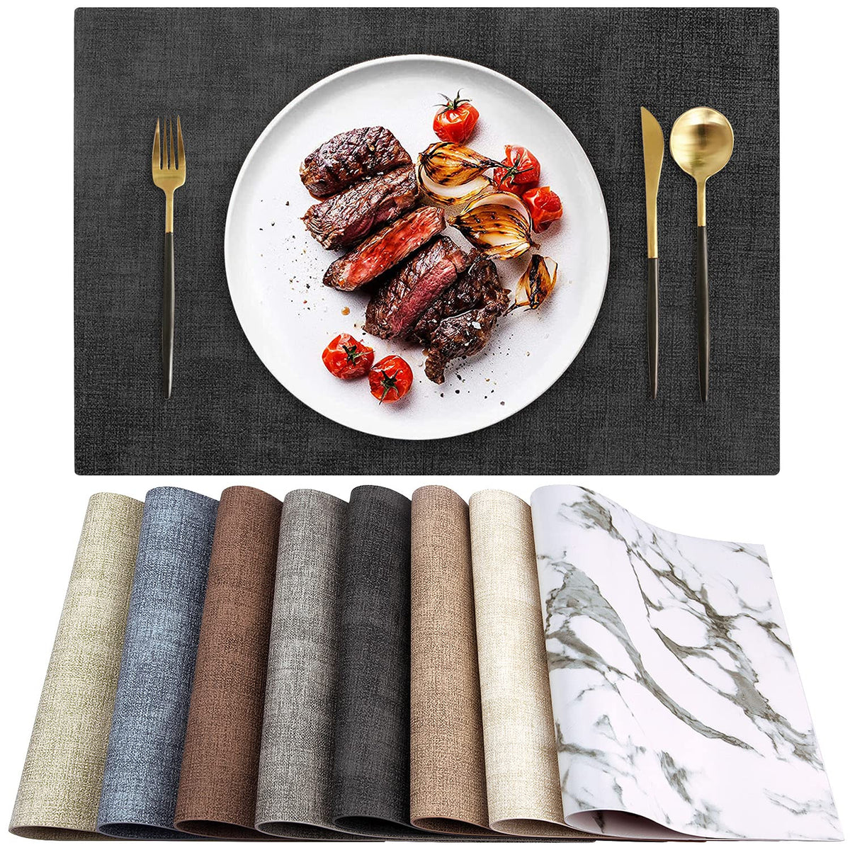 Leather Heat Resistant Placemats Set of 6 Waterproof Wipeable Washable PU Table Mats,Easy to Clean Anti-Slip (6, Blue)
