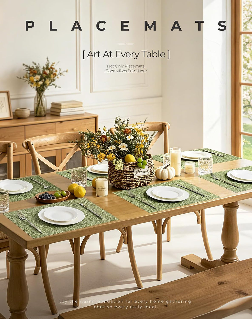 Leetaltree Bean Green Woven Placemats Set of 8 - Heat Resistant Non-Slip Place Mats for Dining Table, Washable Durable PVC Table Mats(Bean Green, 8)