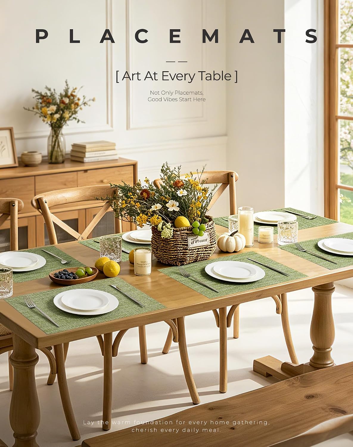 Leetaltree Bean Green Woven Placemats Set of 8 - Heat Resistant Non-Slip Place Mats for Dining Table, Washable Durable PVC Table Mats(Bean Green, 8)