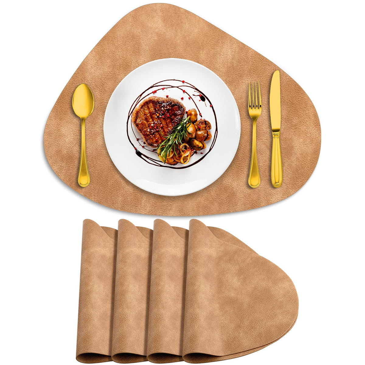 ADRIMER Placemats, Heat Resistant Round Placemats Set of 4 Washable 13 x 17 Inch, Waterproof Table Mats for Kitchen, Dining Room Table Christmas Decor, Turmeric Brown+Camel+Green+Blue
