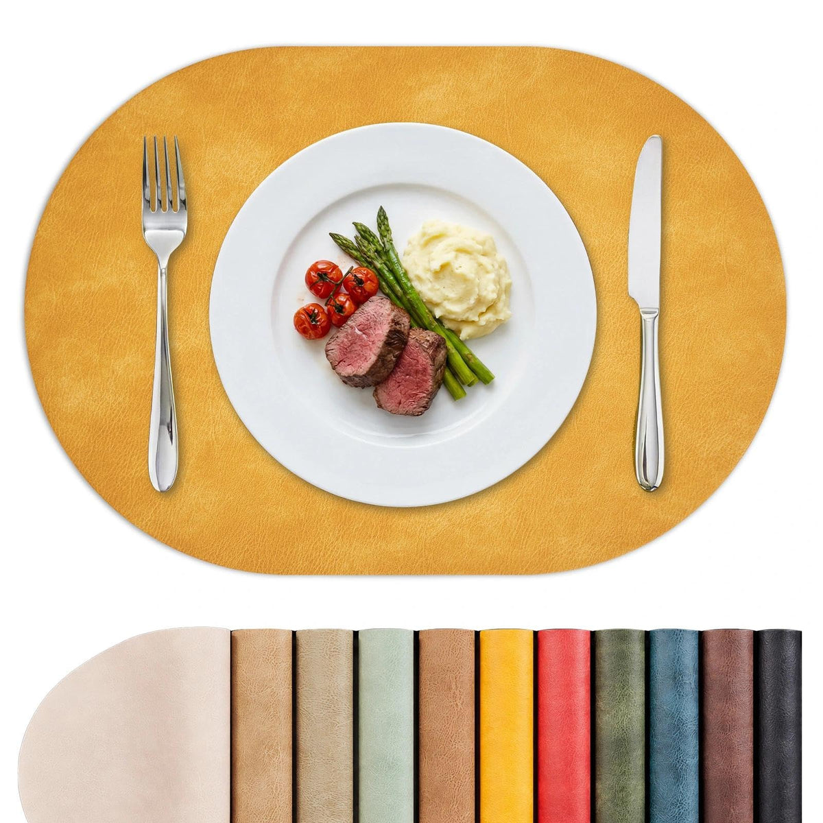MOSAYT Vinyl Faux Leather Oval Placemats, Set of 6, Reddish Brown