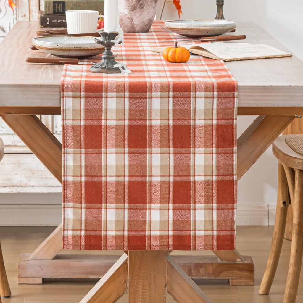 AQOTHES Plaid Fall Thanksgiving Rust Orange Table Runners 36 inches Long