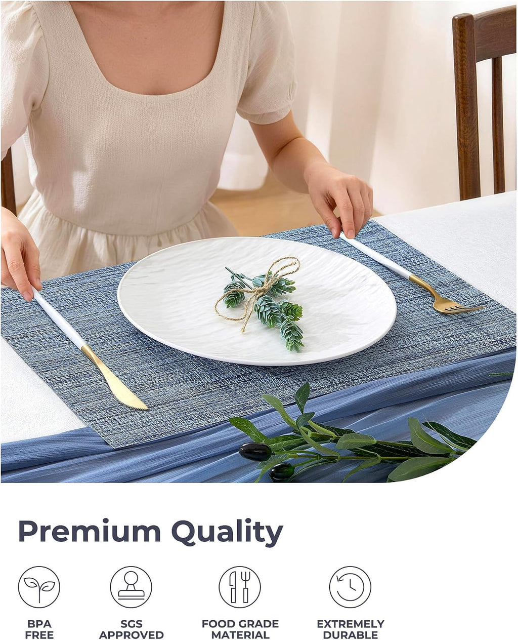 Leetaltree Deep Navy Woven Placemats Set of 6 - Heat Resistant Non-Slip Place mats for Dining Table, Washable Durable PVC Vinyl Woven Table Mats(Deep Navy, 6)