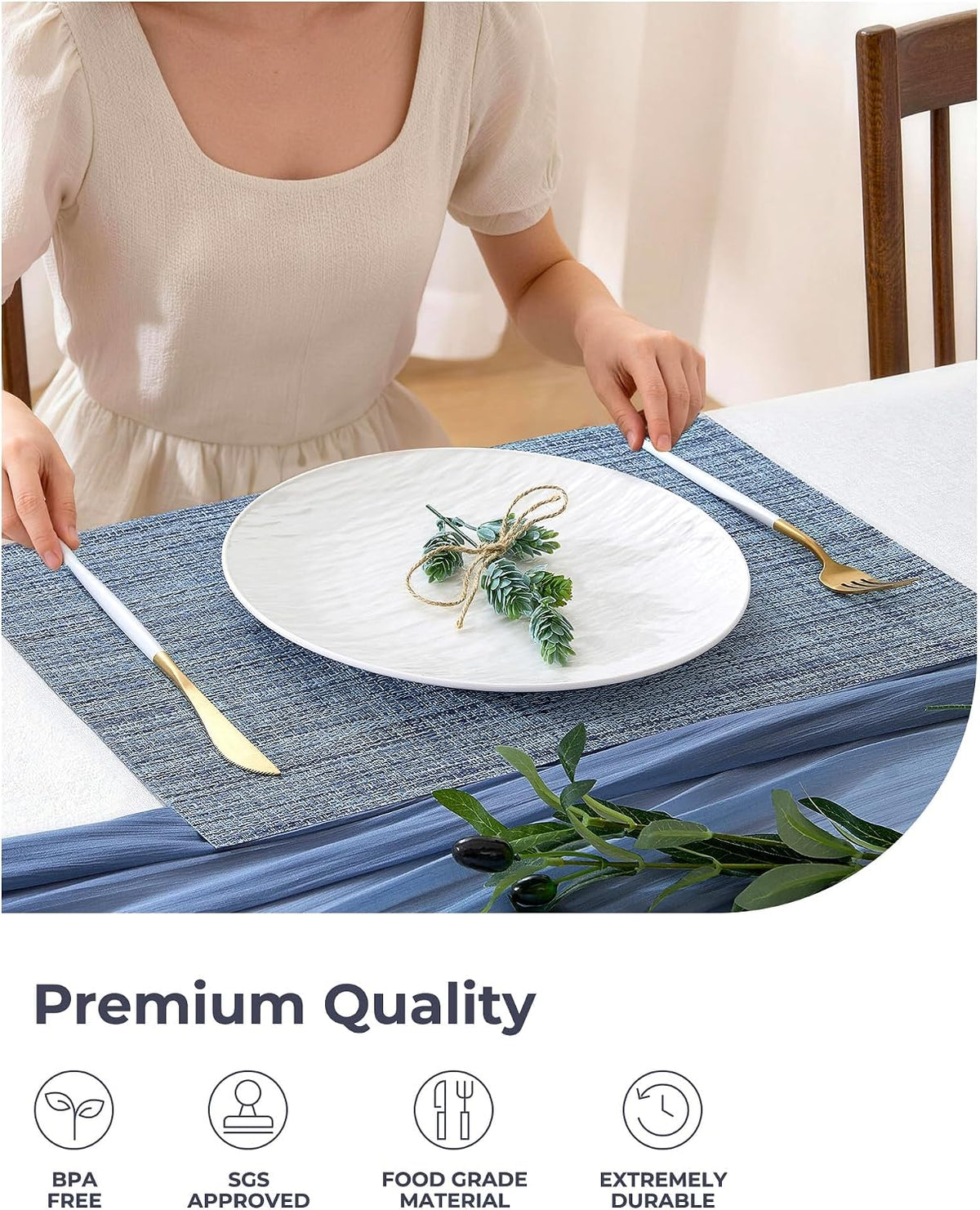 Leetaltree Deep Navy Woven Placemats Set of 6 - Heat Resistant Non-Slip Place mats for Dining Table, Washable Durable PVC Vinyl Woven Table Mats(Deep Navy, 6)