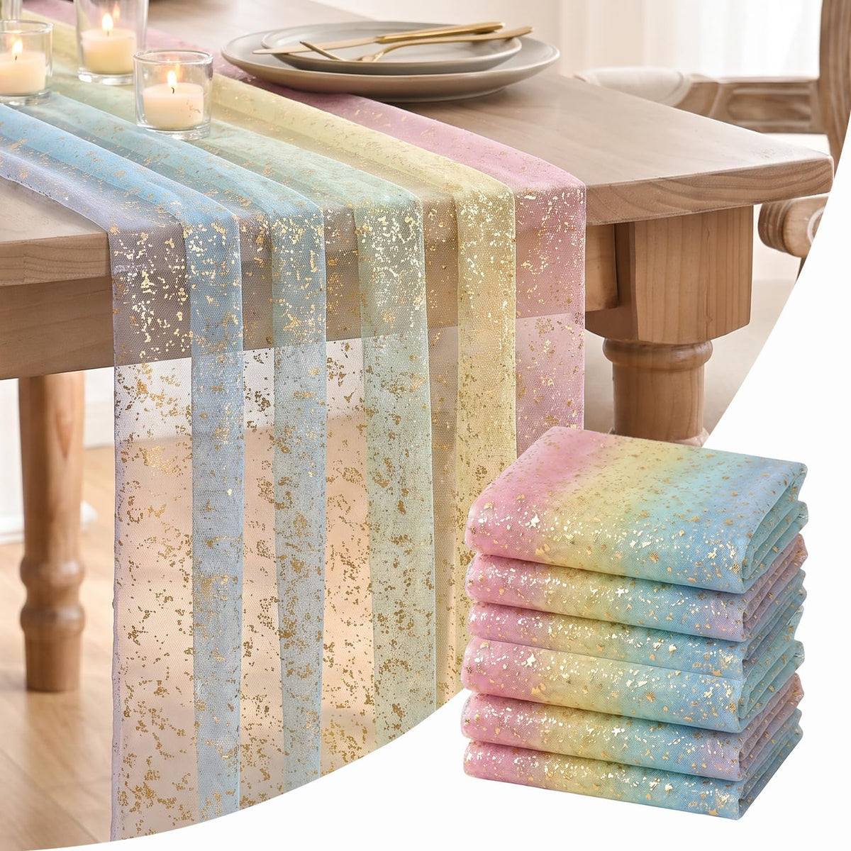 Artoid Mode 6Pcs Beige Gold Gauze Table Runner 120 Inch 10FT, Glitter Metallic Foil Sheer Dining Wedding Anniversary Holiday Birthday Table Decor for Home Party