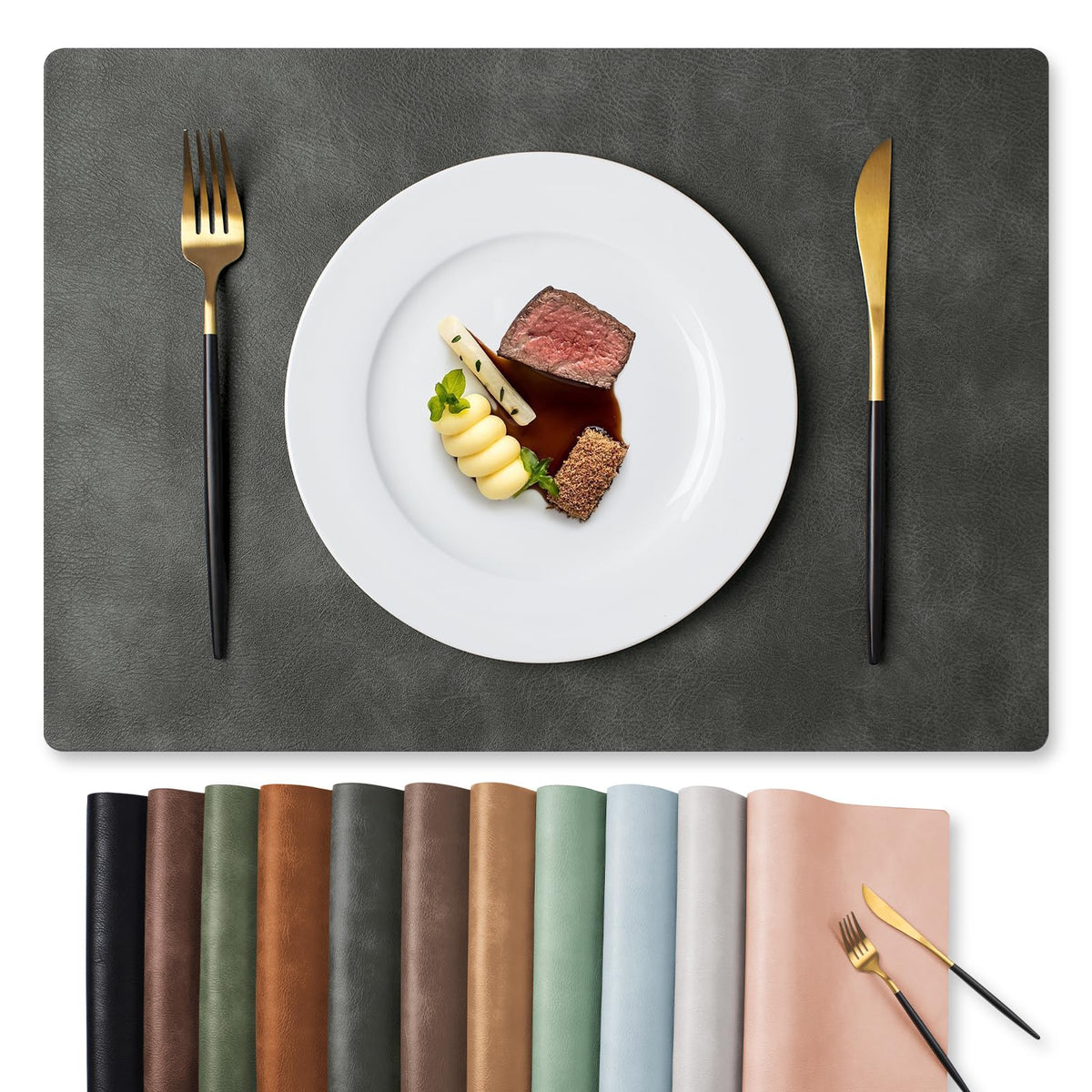 MOSAYT Fall Vinyl Faux Leather Placemats, Set of 6, Reddish Brown