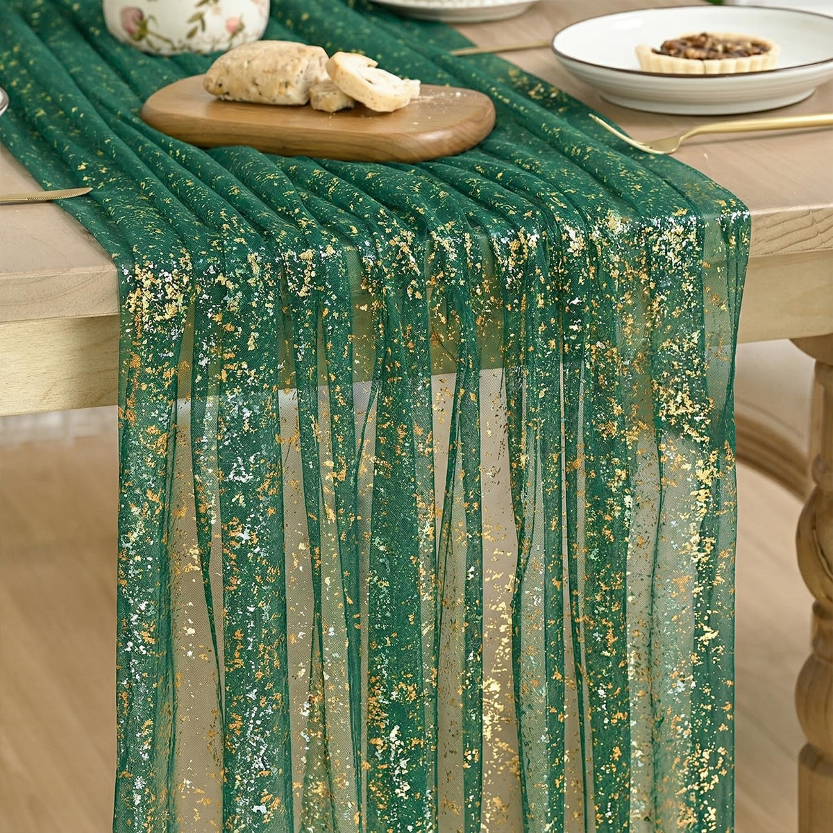 Artoid Mode 6Pcs Beige Gold Gauze Table Runner 120 Inch 10FT, Glitter Metallic Foil Sheer Dining Wedding Anniversary Holiday Birthday Table Decor for Home Party