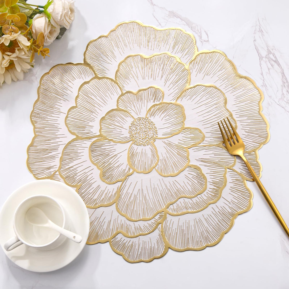 Gold Flower Placemats Set of 6, Metallic Pressed Vinyl Round Table Mats