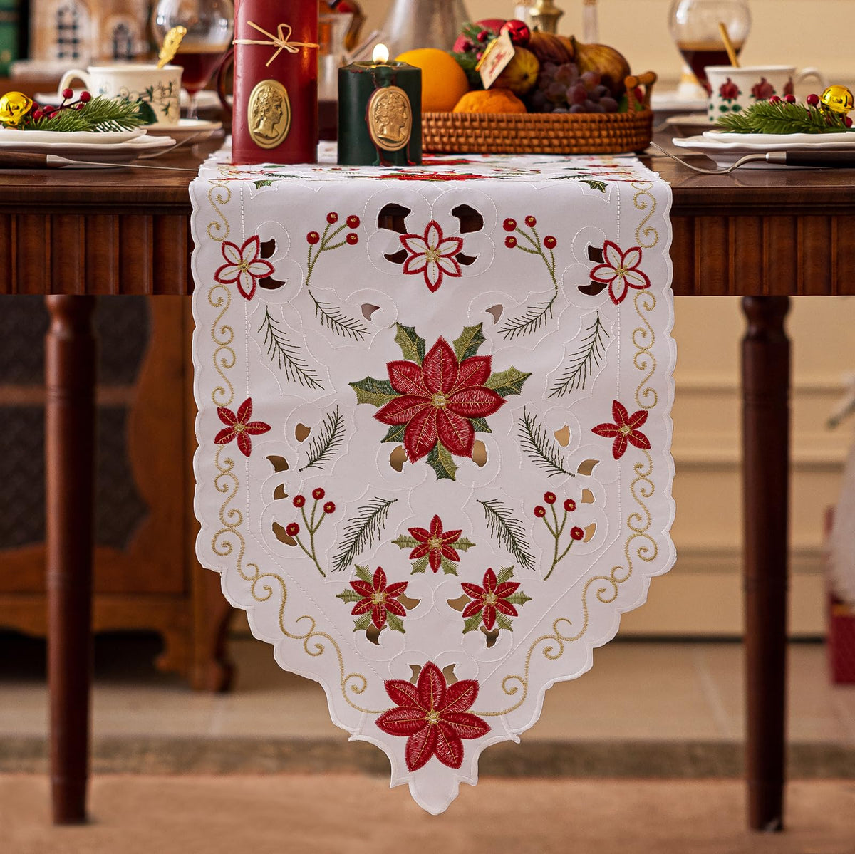 Joyfol Day Fall Thanksgiving Table Runner 14 x 33 Inches, Cutwork Embroidered Brown Maple Leaves Table Runners, Autumn Rust Dresser Scarf for Harvest Party Dinner Seasonal Decoration