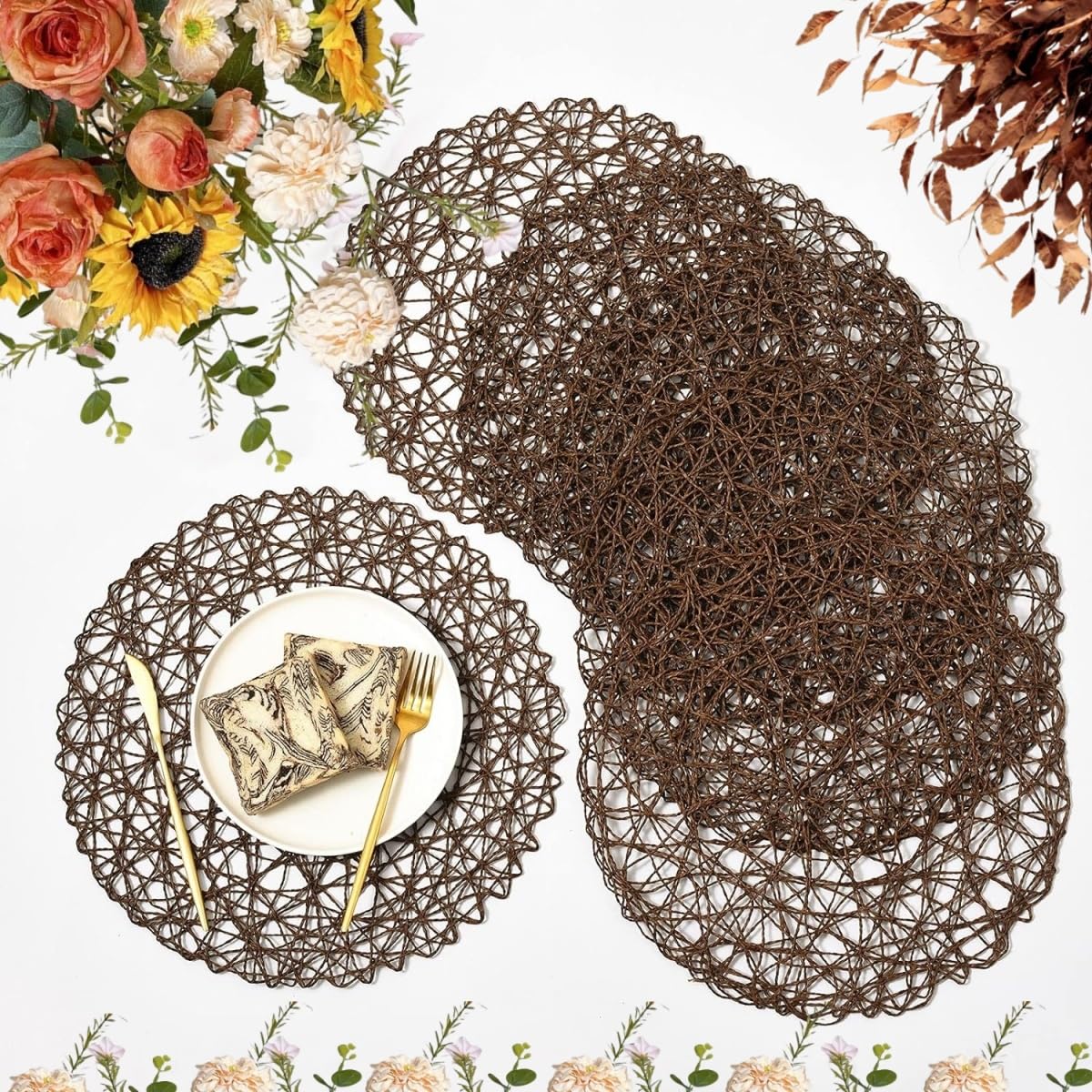 IcosaMro Brown Round Placemats Set of 12 for Dining Table, 13 Inches Paper Woven Boho Small Decorative Circle Place Mat for Wedding Christmas Thanksgiving Day Holiday Dinner, Light Coffee Brown