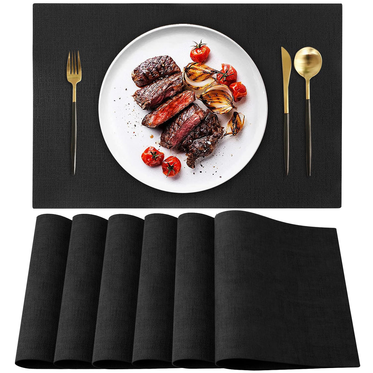 Leather Heat Resistant Placemats Set of 6 Waterproof Wipeable Washable PU Table Mats,Easy to Clean Anti-Slip (6, Blue)