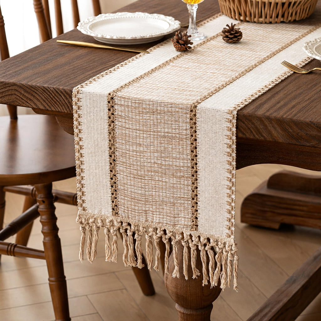 FEXIA Boho Table Runner Fall Burlap Brown Coffee Table Decor 12x72 Inch