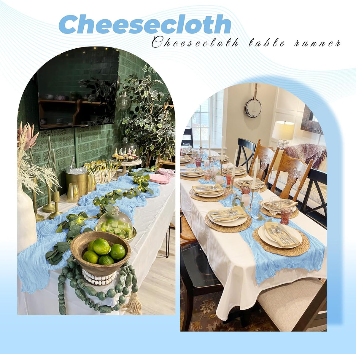 6 Pack Baby Blue Cheesecloth Table Runner 20 x 120 Inch Gauze Table Runner Fabric Semi Sheer Cheese Cloth Table Decor Bulk for Rustic Romantic Wedding Baby Shower Party Table Decoration