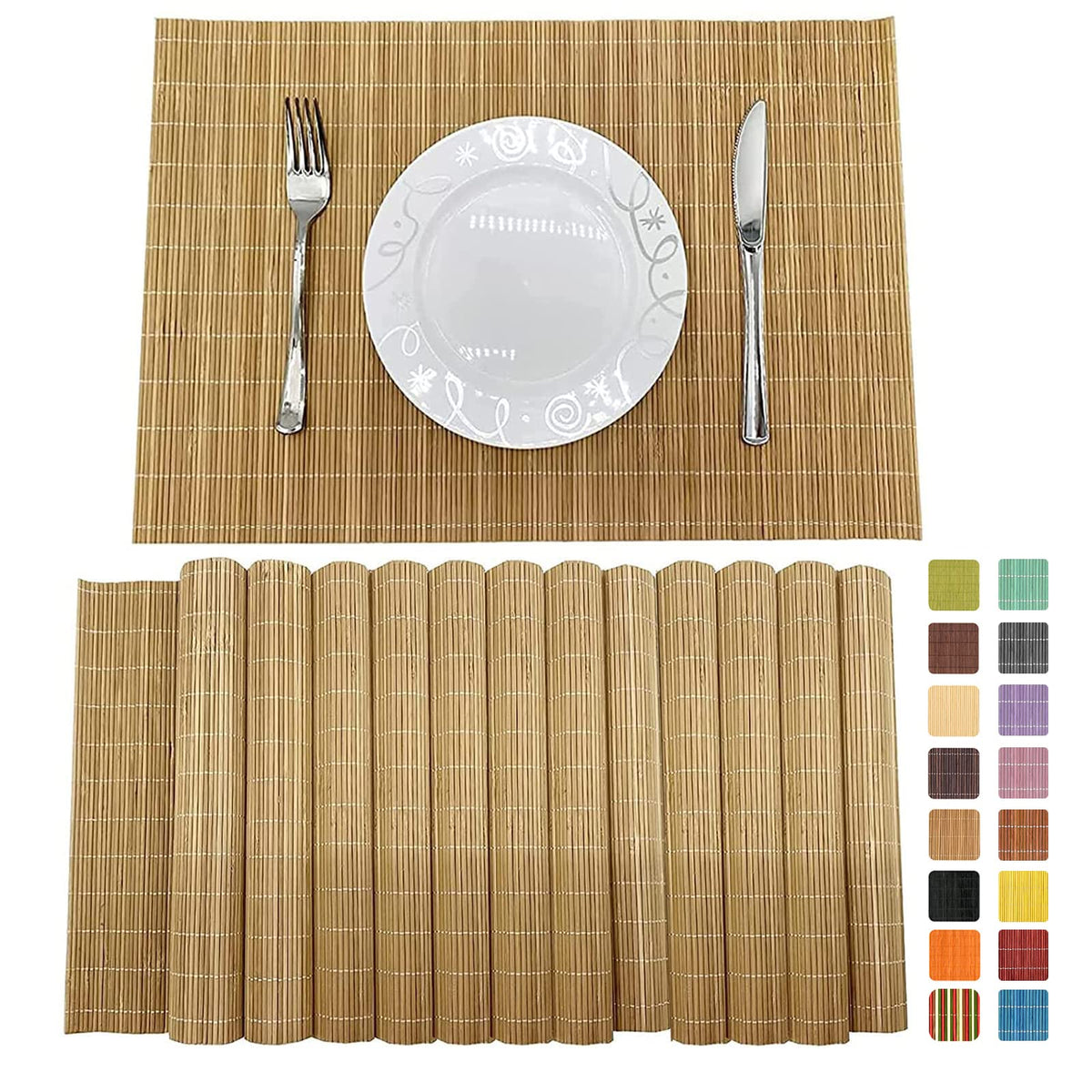 Set of 8 Pcs Bamboo Placemats Sushi Rolling Mat Japanese Style Natural Anti-Slip, Washable Heat-Resistant Table Mats for Dining Room and Kitchen（Brown）