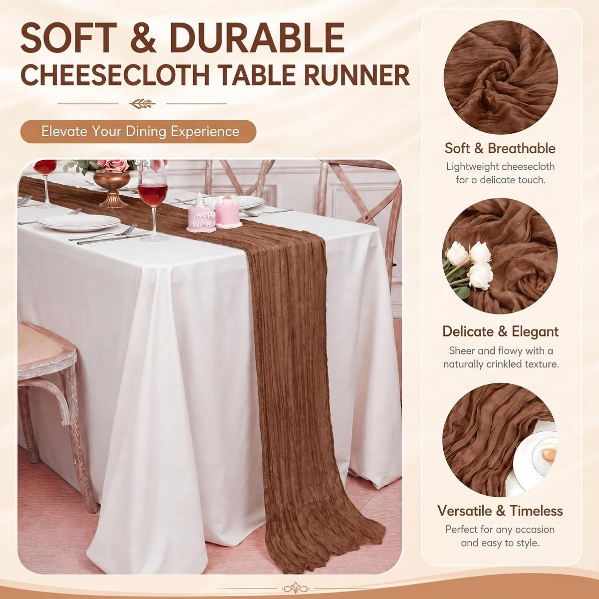 6 Pack Brown Cheesecloth Table Runner 17x108 Inch Boho Rustic Semi Sheer Gauze Cheese Cloth Table Runner for Wedding Bridal Shower Baby Shower Party Farmhouse Dining Table Decor