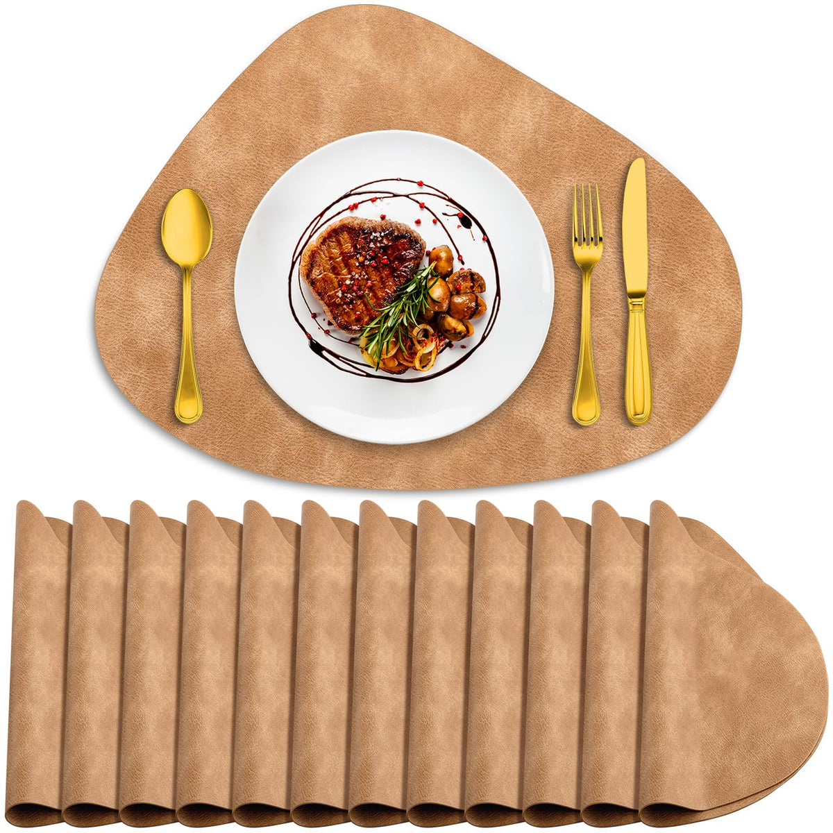 ADRIMER Placemats, Heat Resistant Round Placemats Set of 4 Washable 13 x 17 Inch, Waterproof Table Mats for Kitchen, Dining Room Table Christmas Decor, Turmeric Brown+Camel+Green+Blue