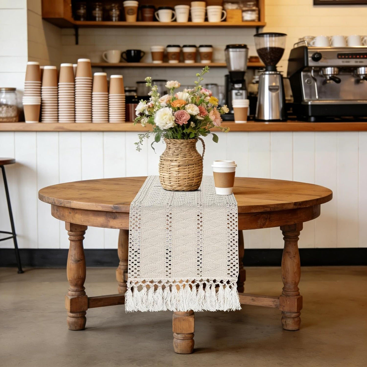 yuboo 36" Boho Macrame Table Runner, Short Cream Coffee Runner, Nightstand