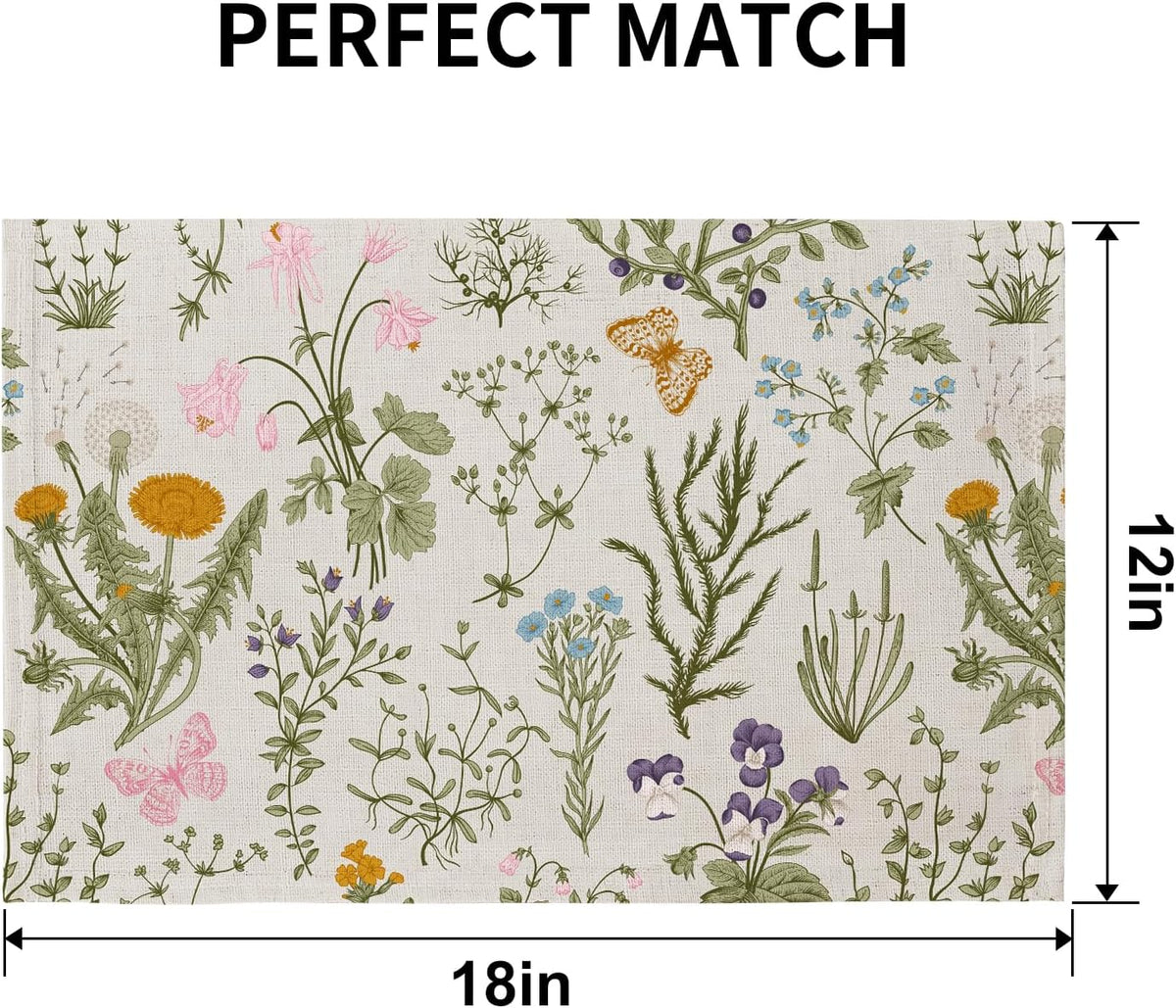 QIYI Boho Table Placemats Set of 4, 12"x18" Linen Place Mats, Wildflowers