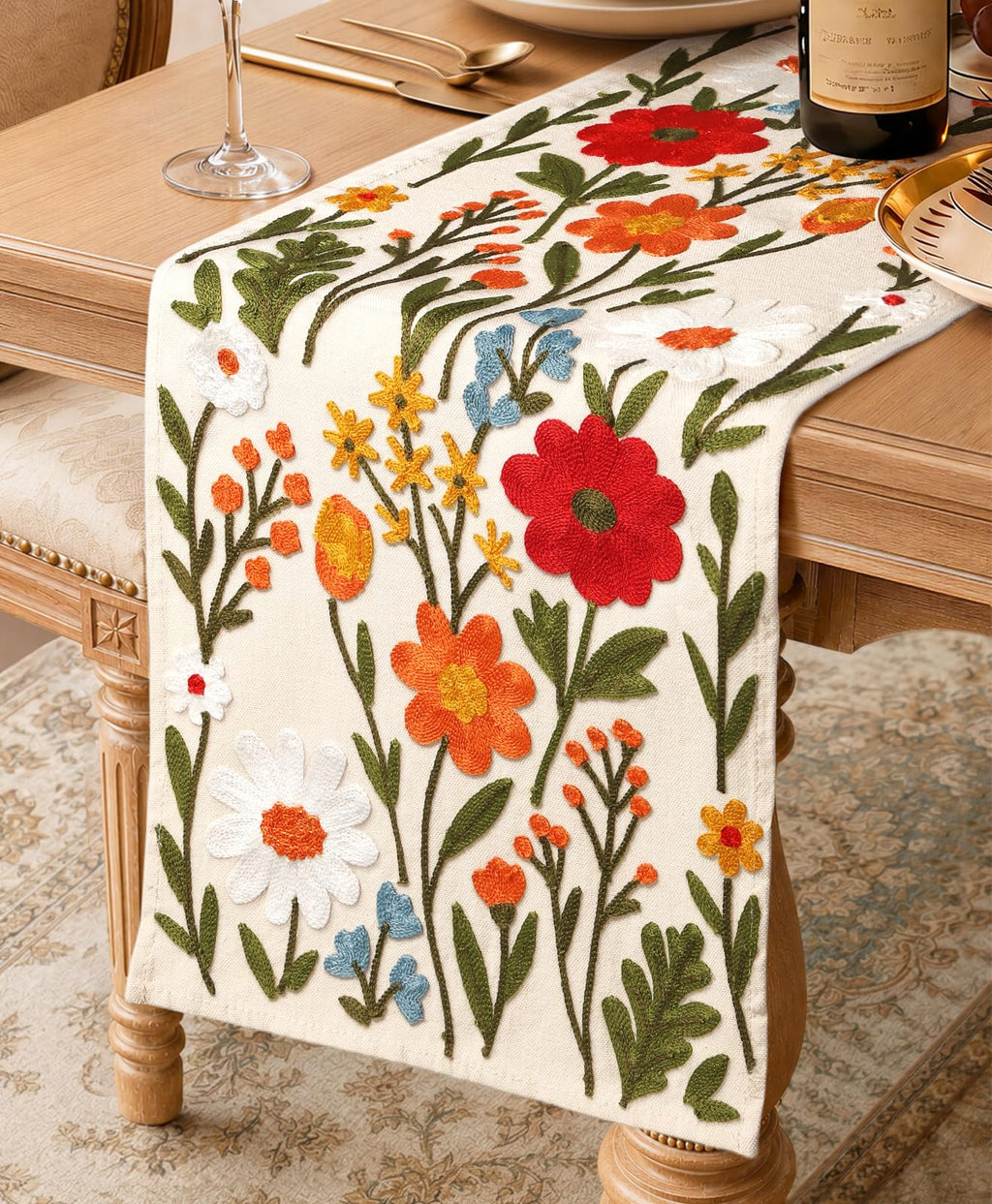Miss Adola Embroidered Canvas Table Runner 13"x72", Wild Flower