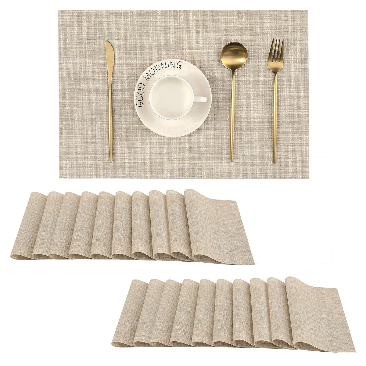 Leetaltree Light Brown Placemats Set of 8 - Heat Resistant Woven Vinyl