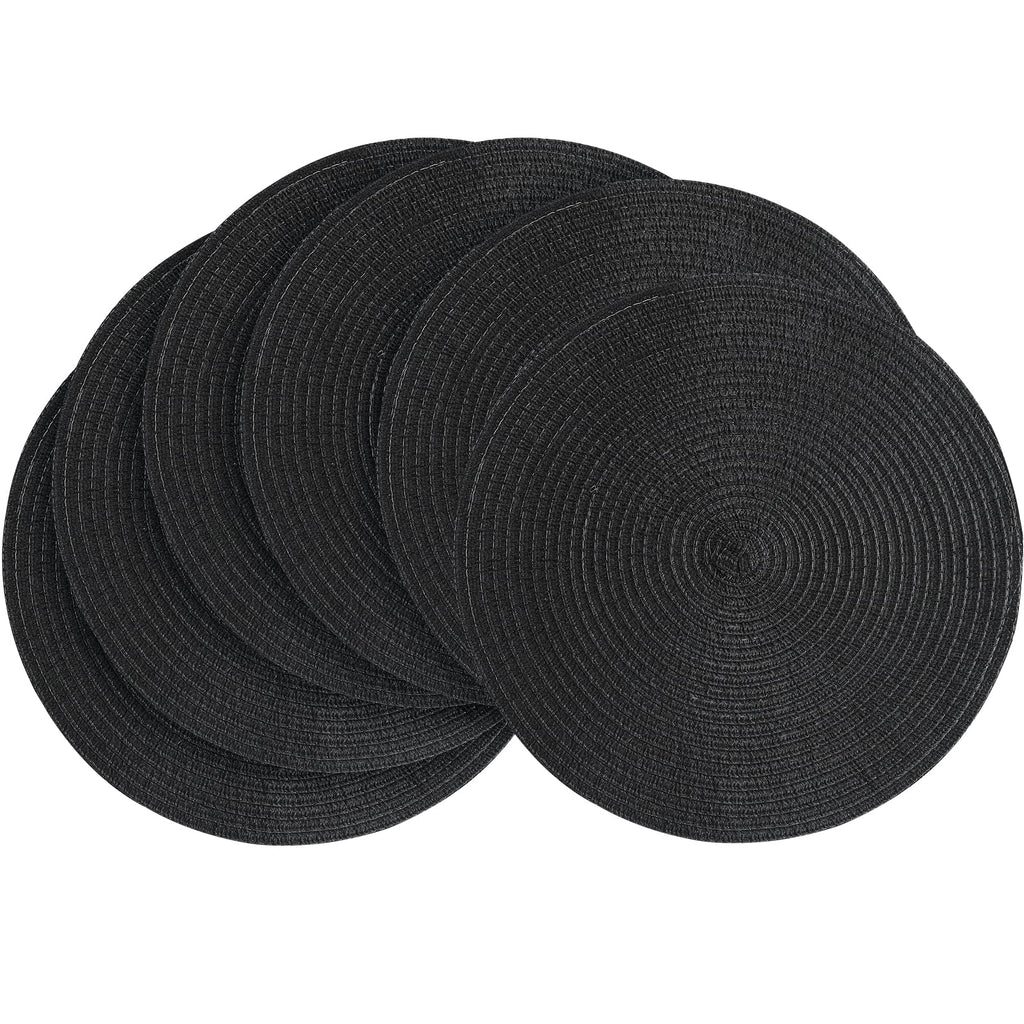 Floroom 15 Inch Round Braided Placemats Set of 4, Washable Heat Resistant Cotton Polyester Circle Place Mats for Kitchen Dining Table - Black