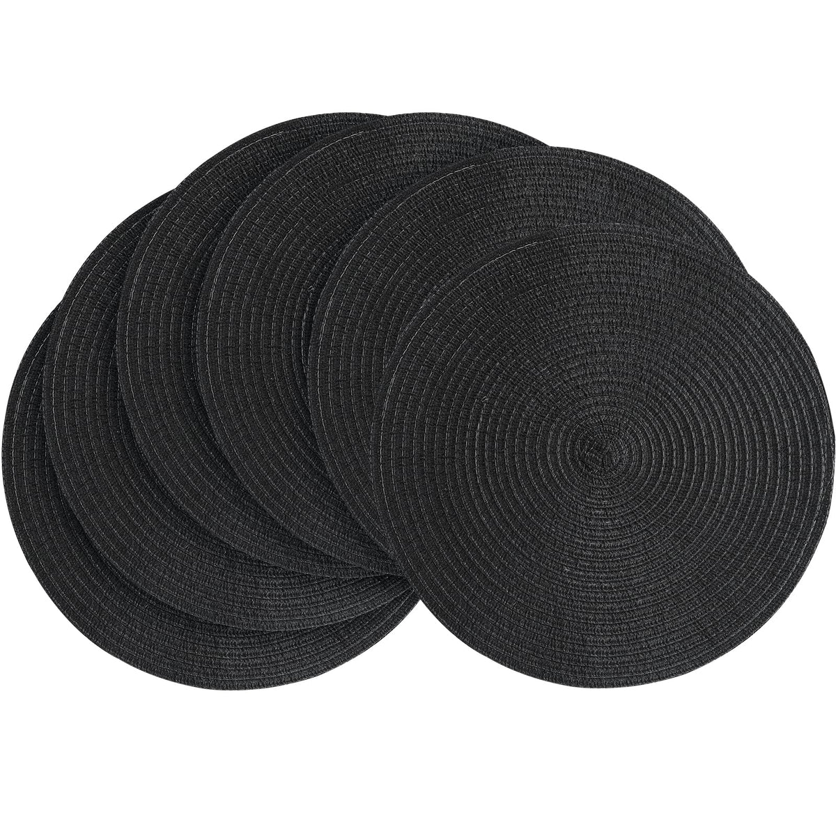 Floroom 15 Inch Round Braided Placemats Set of 4, Washable Heat Resistant Cotton Polyester Circle Place Mats for Kitchen Dining Table - Black