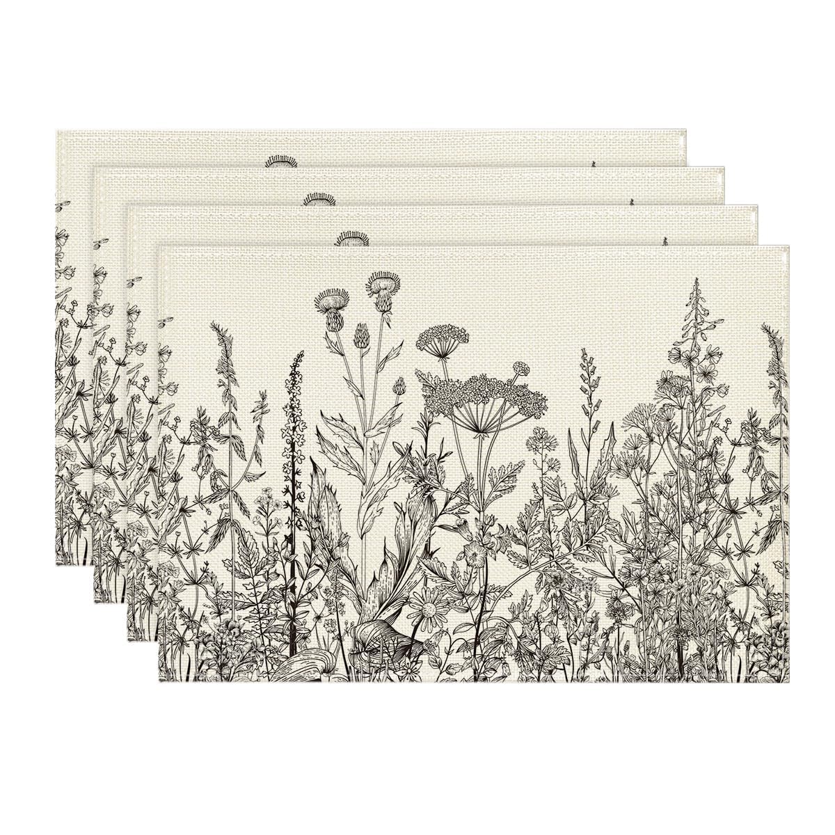 Artoid Mode Antique Herbs and Wild Flowers Summer Placemats Set of 4, 12x18 Inch Seasonal Wildflower Spring Table Mats for Party Kitchen Dining Decoration
