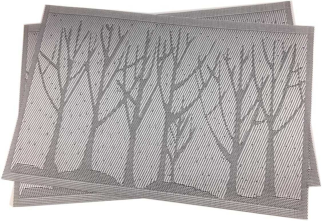 Place Mats PVC Set of 6, Table Placemats Set of 6 PVC Woven Vinyl Place Mats Table Mats Natural Color (6 pcs, Silver Tree)