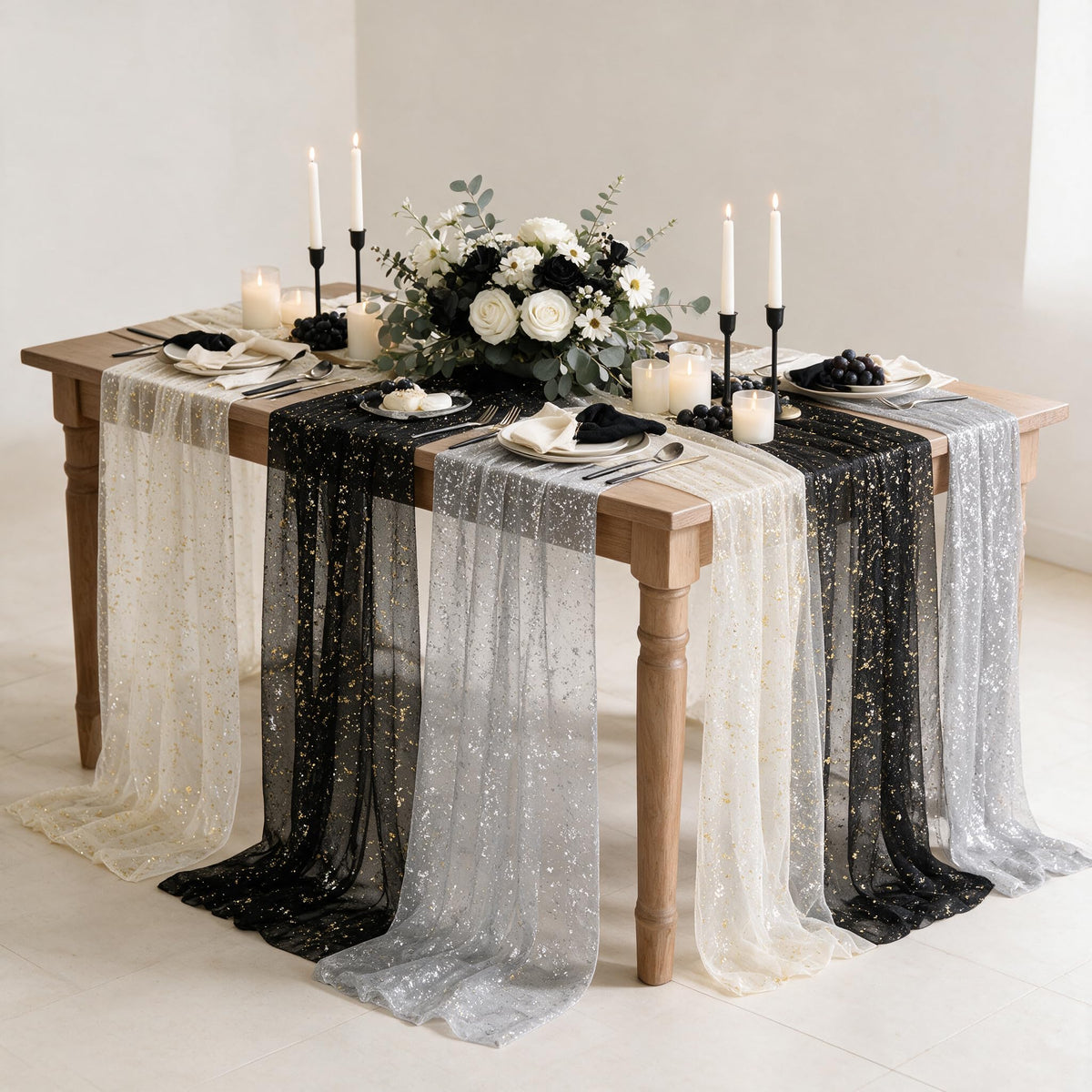 Artoid Mode 6Pcs Beige Gold Gauze Table Runner 120 Inch 10FT, Glitter Metallic Foil Sheer Dining Wedding Anniversary Holiday Birthday Table Decor for Home Party