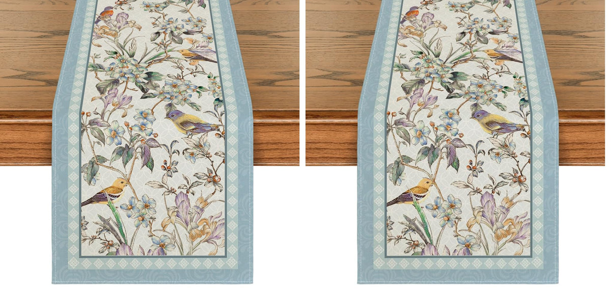 Artoid Mode Blue Birds Flowers Blossom Table Runner, Seasonal Spring Floral Kitchen Dining Table Decoration for Home Party Decor 13x72 Inch