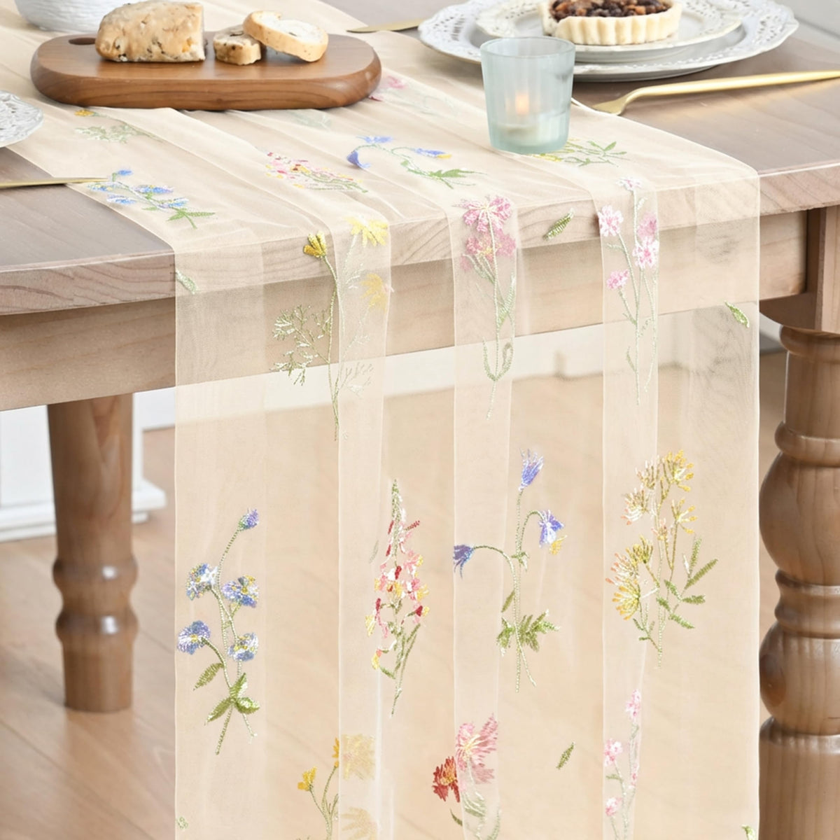 Artoid Mode Floral Apricot Gauze Embroidery Table Runner 120 Inch 10FT