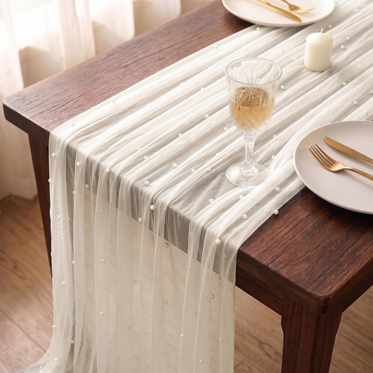 WELTRXE Pearl Table Runner 120 Inch 10FT, White Gauze Table Runners, Rustic Boho for Holiday Wedding Decor, Home Party ,Baby Shower, Birthday Party