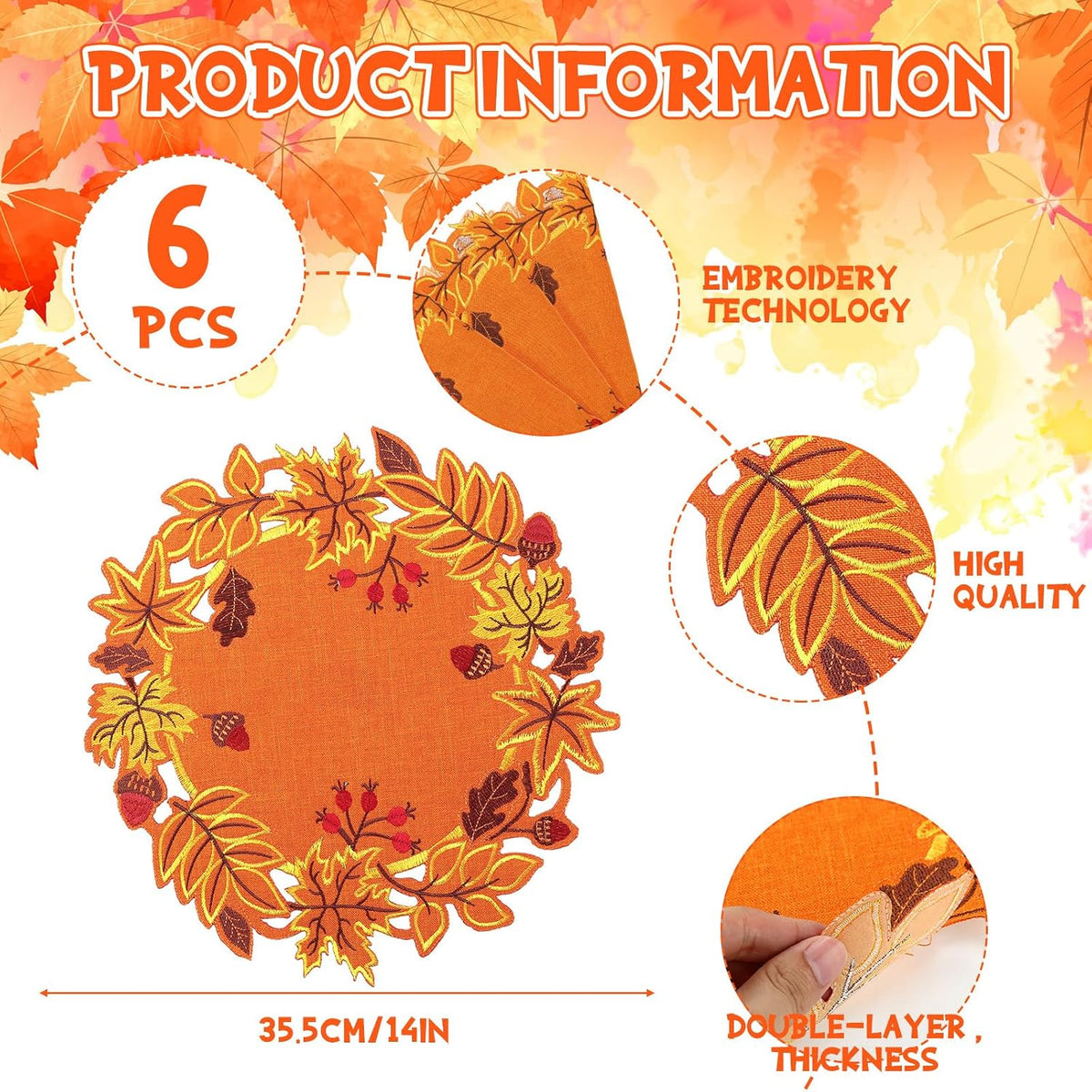 Yingzhao 6 Pcs Fall Leaf Placemats Thanksgiving Orange Table Placemats