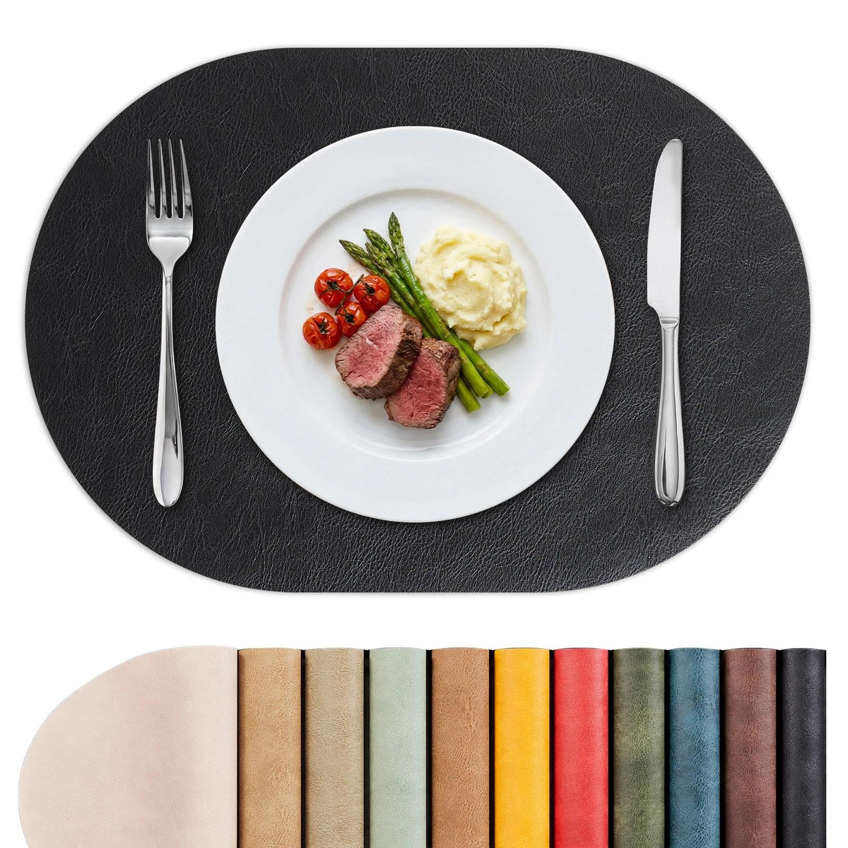 MOSAYT Vinyl Faux Leather Oval Placemats, Set of 6, Reddish Brown