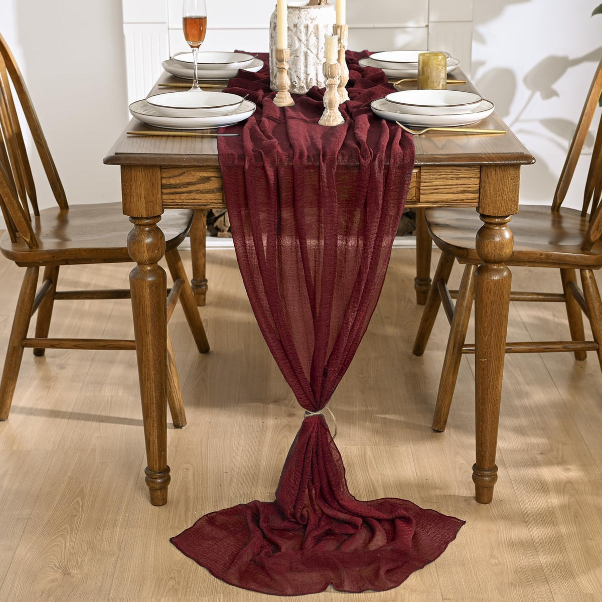 Artoid Mode Boho Forest Green 10Pcs Cheesecloth Gauze Table Runner, 120 Inch Seasonal Fabric Kitchen Dining Holiday Table Decor for Home Party Indoor