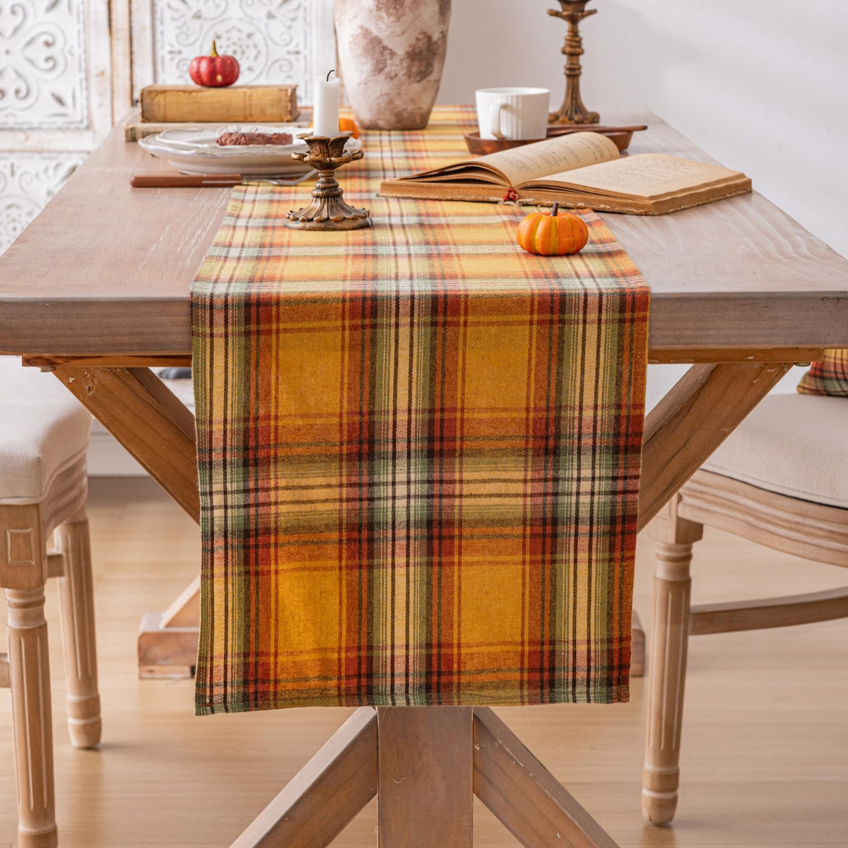 AQOTHES Plaid Fall Thanksgiving Rust Orange Table Runners 36 inches Long