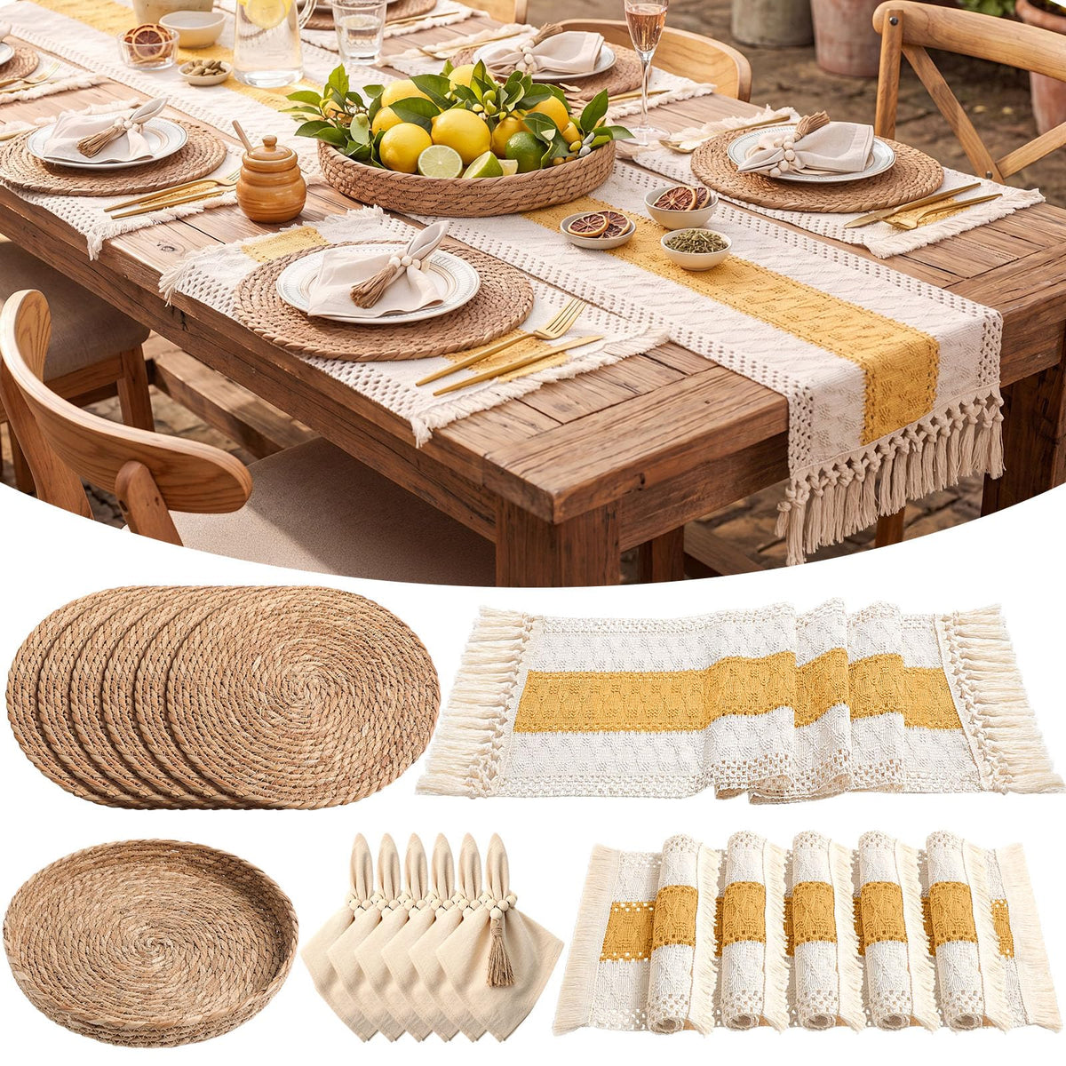 6 Sets Dining Table Decoration Boho Placemat, Khaki, 12x72