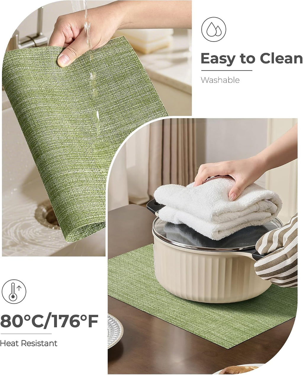Leetaltree Bean Green Woven Placemats Set of 8 - Heat Resistant Non-Slip Place Mats for Dining Table, Washable Durable PVC Table Mats(Bean Green, 8)