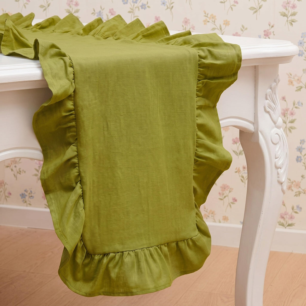 HunnmingRe Table Runner Farmhouse Ruffled Scalloped 14 x 72 Inch, White