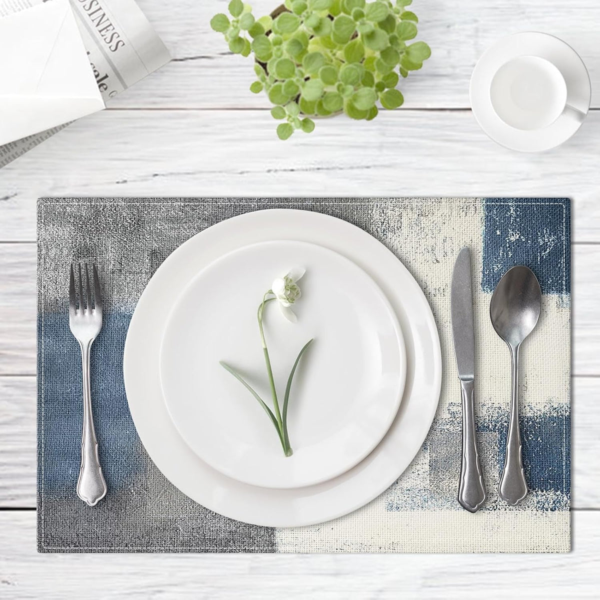 Emvency Farmhouse Placemats Set of 4, 12x18 Inch, Abstract Blue Grey