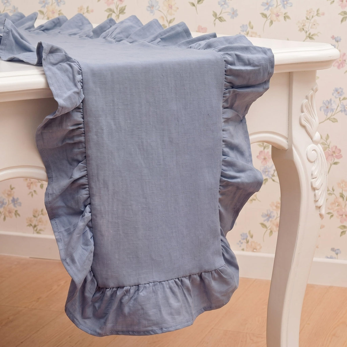 HunnmingRe Table Runner Farmhouse Ruffled Scalloped 14 x 72 Inch, White