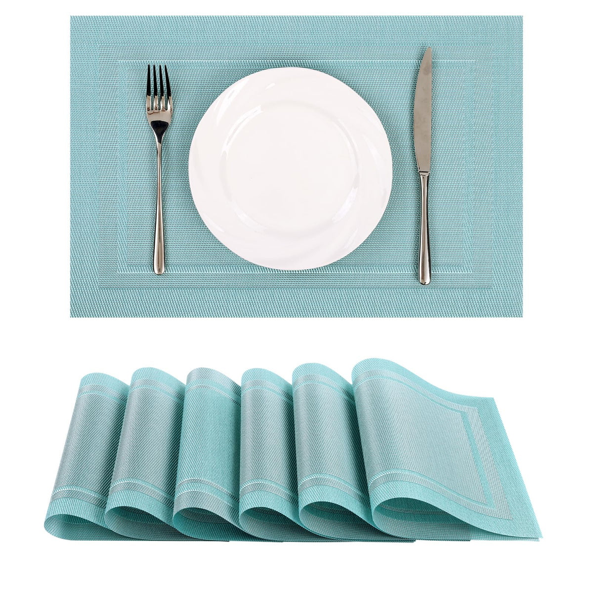 SHACOS Teal Blue Woven Placemats Set of 6 Place Mats for Dining Table