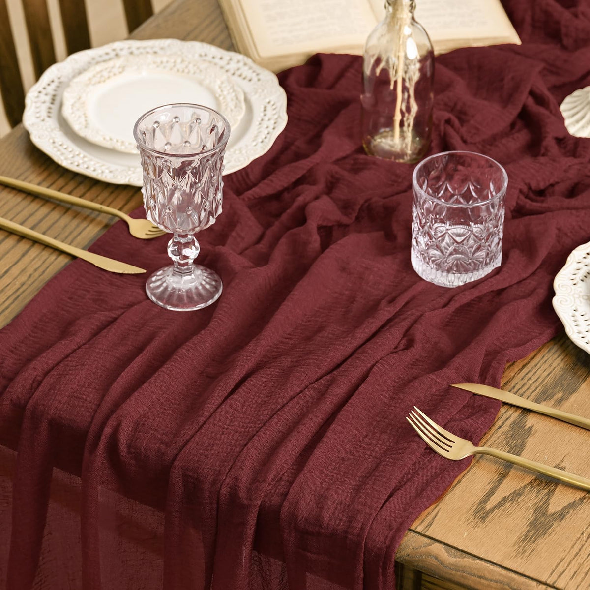 Artoid Mode Boho Forest Green 10Pcs Cheesecloth Gauze Table Runner, 120 Inch Seasonal Fabric Kitchen Dining Holiday Table Decor for Home Party Indoor