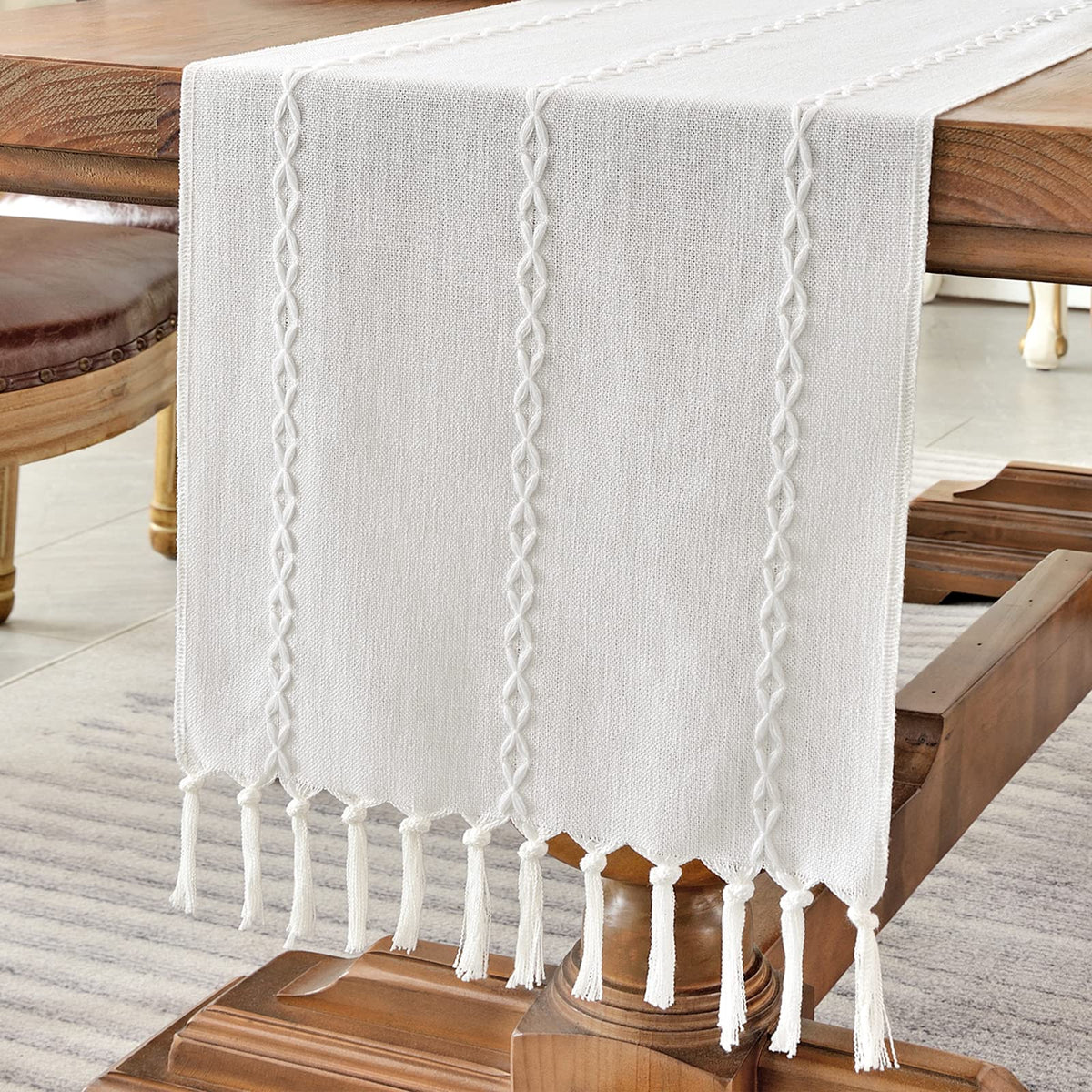 Wracra Rustic Linen Table Runner, White Table Runners 72 inches Long